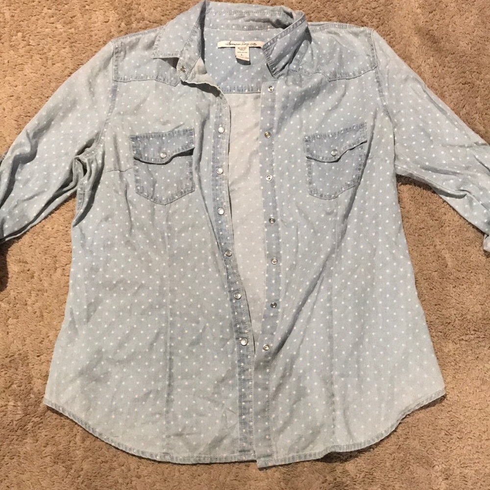 Polka dot denim button down